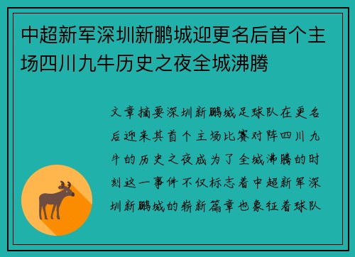 中超新军深圳新鹏城迎更名后首个主场四川九牛历史之夜全城沸腾